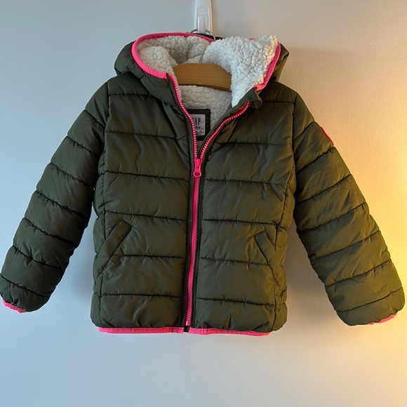 Kids' Green Puffer Jacket with Pink Trim - Picture 1 of 3